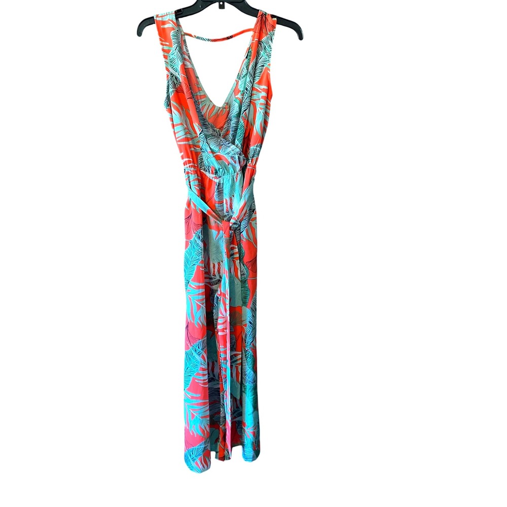 Quiz‎ Jumpsuit Tropical Palm Leaf Print Sleeveless Coral Green Size 6 (E38)